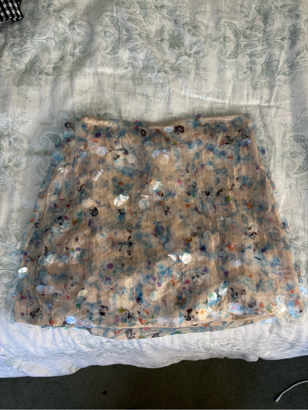 Zara Nude Sequin Floral Mini Skirt with Multicolor Accents